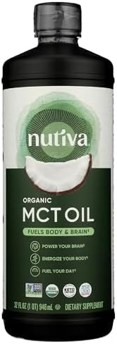 Nutiva Organic MCT Oil, Unflavored, 32 Oz, USDA Organic, Non-GMO, Non-BPA, Whole 30 Approved, Vegan, Gluten-Free & Keto, 14g MCT per Serving & Neutral Flavor for Energy Boost to Coffee, Shakes and Salads
