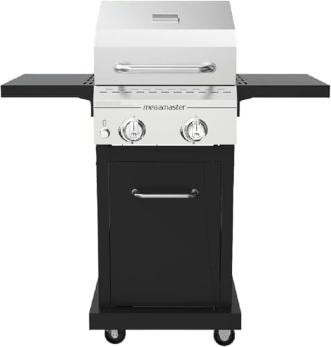 Megamaster Deluxe 2 Burner Gas Grill, Foldable Shelves with Warming Rack | Offers 28000 BTU, Built-In Thermometer, Electronic Ignition