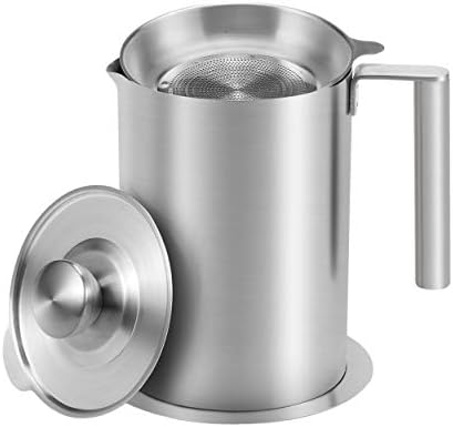 Sumerflos 1.8 L/1.9 Quart Stainless Steel Grease Strainer and Container - Large Oil Storage Pot Grease Keeper with Dust-Proof Lid & Easy Grip Handle
