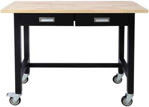 Work Bench, Workbench with Drawer Storage, Heavy Duty Bamboo Wood Work Table with Wheels for Garage Home Office (48 Inch)
