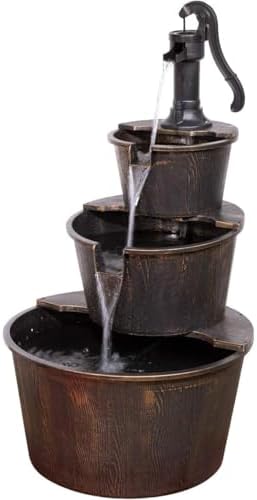 Alpine Corporation 40" Tall Outdoor Floor Tiered Rustic Pump and Barrel Water Fountain, Old-Fashioned Waterfall for Garden, Patio, Yard Decor