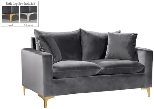 Meridian Furniture Naomi Collection Modern | Contemporary Grey Velvet Upholstered Loveseat with Stainless Steel Base in a Rich Gold or Chrome Finish, 633Grey-L