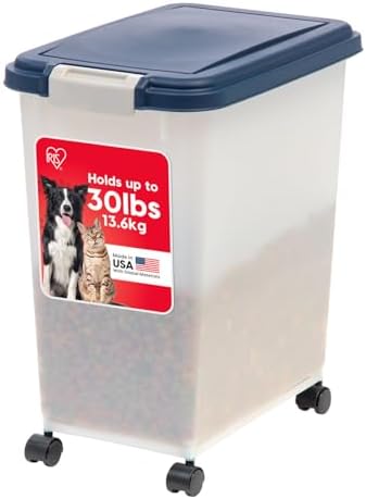 IRIS USA Dog Food Storage Container, Up to 30 lbs, Navy/Pearl, Made in USA | Wheels for Mobility, Airtight Seal, BPA-Free, Best for Bird Seed, Cat food, Cat Litter, Chicken Feed, Pellets