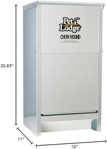 Pet Lodge® Automatic Dog Feeder | Chow Hound Outdoor Pet Feeder | Tough Galvanized Steel | Made in USA (25 lb) | Easy Access Magnetized Door and Angled Chute for Dogs, Silver, 1 Pack