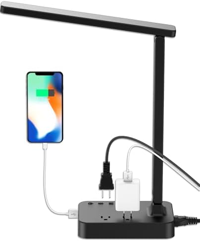 Drevet LED Desk Lamp for College Dorm Room, Desk Light with 1 USB Charging Port 2 AC Power Outlet, 3 Lighting Modes, 3 Level Brightness Touch Lamp