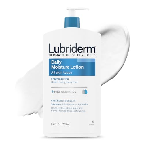 Lubriderm Daily Moisture Body Lotion, Fragrance Free, 24 fl. oz | Hydrating Face, Hand & Body Lotion + Pro-Ceramide for Sensitive Skin, 24-Hour Moisturizer with Shea Butter, Non-Greasy