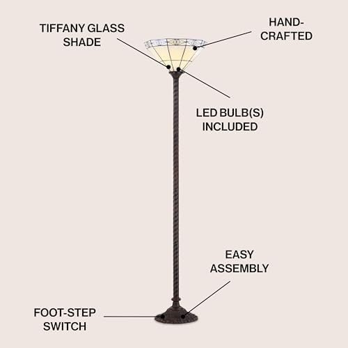 JONATHAN Y Moore Tiffany Style Torchiere Floor Lamp 68.57" Metal, Bronze | Handcrafted Multi-Color Stained Glass Bowl Shade