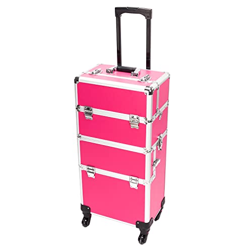 mefeir 3 in 1 Rolling Makeup Train Case, Aluminum Makeup Travel Organizer Cosmetic Case, Cosmetology Display Suitcase on Wheels, Beauty Storage Luggage Lockable w/4 Removable Wheels, Black