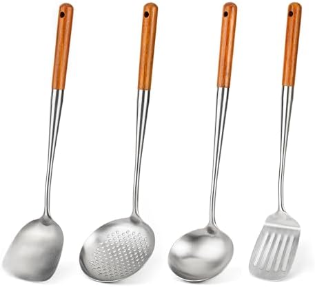 FJNATINH Wok Spatula and Ladle,Skimmer Ladle Tool Set, 17inches Spatula for Wok, 304 Stainless Steel Cooking Utensils