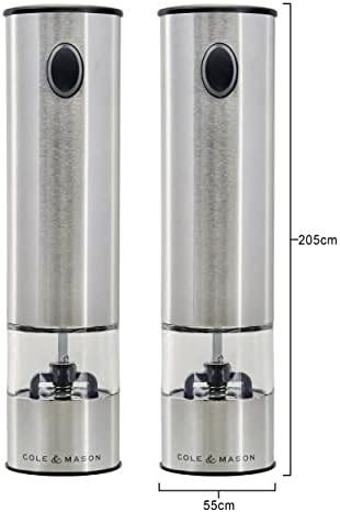 Cole & Mason H3004480 Battersea Salt and Pepper Mills | Electronic | Stainless Steel/Acrylic | 210mm | Gift Set | Includes 2 x Electric Salt and