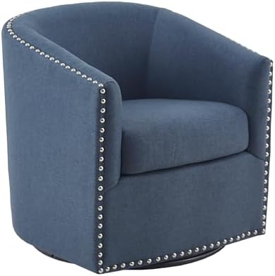 Madison Park Swivel Barrel Accent Chair, Upholstered Curved Back with 7-Inch Thick Woven Cushion, 360° Swivel, Nailhead Trim, Comfy Chair for Living Room, Bedroom, Office, 28" Wide, Neutral, Tyler