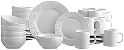 Pfaltzgraff Sylvia Dinnerware Set 32-Piece Service for 8 - White Porcelain Dinner Plates, Salad Plates, Soup Bowls and Mugs with Embossed Scrollwork