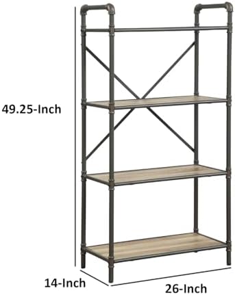 Benjara Benzara Four-Tier Metal Bookshelf with Wooden Shelves, Brown and Grey,