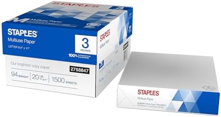 Staples Multipurpose Copy Paper, 8.5x11, 20lb, 94 Bright, 10 Reams/Carton | 5,000 white sheets total. Smooth finish reduces jams in copiers, laser & inkjet printers.