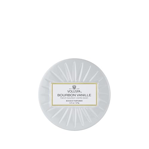 Voluspa Bourbon Vanille, Mini Tin Candle, 4 oz, 25 Hour Burn Time, Coconut Wax for Clean Burning, Handcrafted in the USA