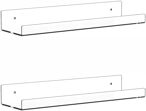 2 Pack Clear Acrylic Shelves for Wall with Adhesive, 15 Inch No Drill Floating Shelves for Bathroom, Bedroom, Renter Friendly, Kids Room Bookshelf
