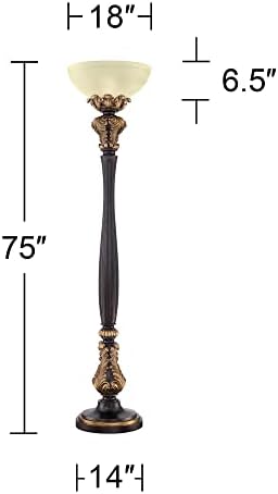 Valentina 75" Tall Acanthus Leaf Torchiere Floor Lamp Living Room | Traditional Victorian Carved Wood Amber Glass Shade Foot Dimmer Standing Light
