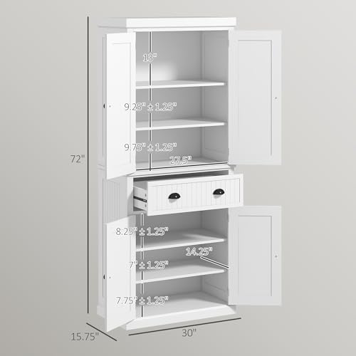 HOMCOM 72" Kitchen Pantry Cabinet Freestanding Tall Storage Cabinet White | Traditional Kitchen Pantry, 4 Doors, Drawer, 3 Adjustable Shelves, for Dining Room