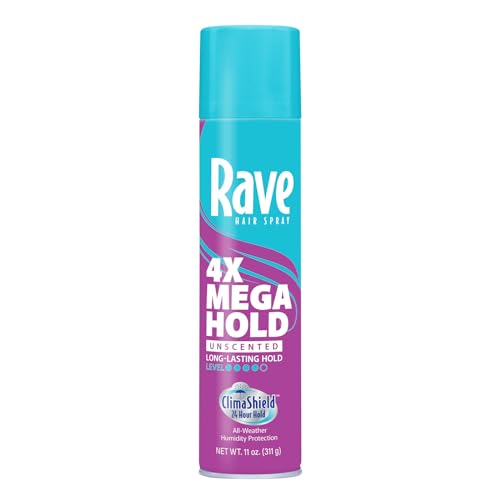rave 4X Mega Unscented Aerosol Hairspray - Hair Spray for High Humidity Weather - 24-Hour Lasting Hold - Vitamin-Enhanced Hair Volume Spray - 11 oz