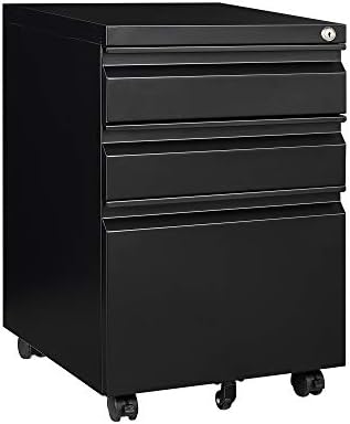 3 Drawer File Cabinet with Lock,Mobile Lateral Filing Cabinet with Side Hook for Letters/Legal/A4, Metal Printer Stand Storage Cabinets with Shelves for Home Office(Black)