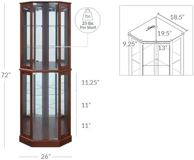 BELLEZE Lighted Corner Display Curio Cabinet Wooden Curved Shelving Unit with Tempered Glass Door