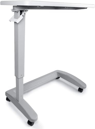 Vaunn Medical Adjustable Overbed Exam Bedside Table with Wheels (Hospital and Home Use), New Tabletop, Light Gray