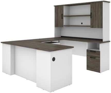Bestar Norma 71W U or L-Shaped Executive Desk with Hutch in Walnut Grey & White