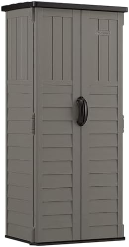 Suncast 22 Cu Ft, Vertical Storage Shed, Pad-Lockable Double Doors, Stoney
