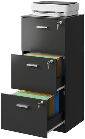DEVAISE 3 Drawer Wood File Cabinet with Lock, Fits Letter and A4 Size | Wooden Tall Vertical Filing Cabinet, Home Office Printer Stand, Easy Assembly, White