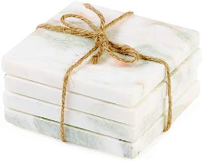 Thirstystone 4 Pack Natural Marble Square Coasters with Protective Cork Backing, Elegant, Luxourious, Easily Wipes Clean