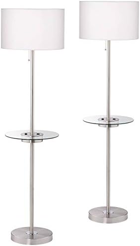 360 Lighting Caper 60 1/2" Tall Nickel Tray Table USB and Outlet Floor Lamp | Modern with AC Power on Glass 5 Satin White Fabric Drum Shade for Living Room Reading House Bedroom