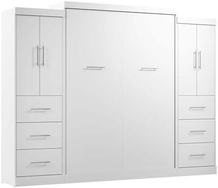 Bestar Nebula Queen Murphy Bed with 2 Wardrobes (115W) in White, Sleeping Arrangement and Closet Organizers for Multipurpose Room | 2 Wardrobes; supports up to 1000 lb; min. ceiling height 91.1 in.; dual piston mechanism; 10-year warranty