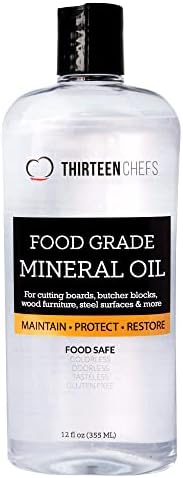 Thirteen Chefs Mineral Oil - 12oz Food Grade Conditioner for Wood Cutting Board, Countertop & Butcher Block, Lubricant for Knife or Meat Grinder - Safe USP Finish on Marble, Soapstone