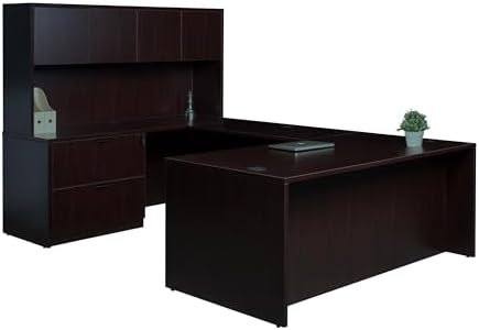 Boss Office Products Holland Executive U-Shape Desk with Lateral File Storage and Hutch, 66", Mocha
