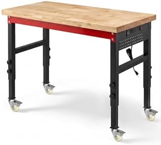 60" Heavy Duty Workbench, 2500 LBS Load Capacity Work Bench with 1.2" Laminated Oak Wood Top & Reinforced Steel Frame, Adjustable Height Work Table for Garage, Workshop, Office, Home (Casters)