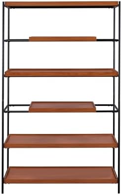 Benjara 5 Tier Wooden Bookshelf with Open Metal Frame, Brown and Black