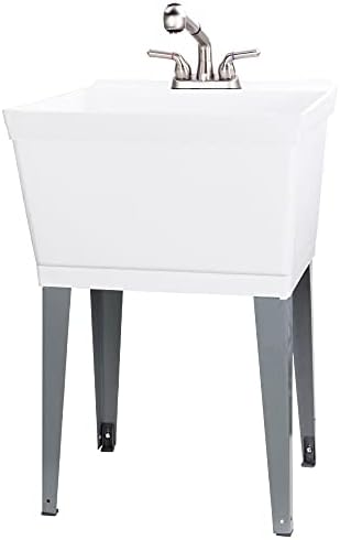 Utility Sink Laundry Tub With Pull Out Faucet, Sprayer Spout, Heavy Duty Slop Sinks For Washing Room, Basement, Garage or Shop