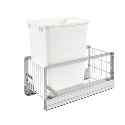 Rev-A-Shelf 35 Qt Aluminum Bottom Mount Double Pullout Waste Container w/Soft-Close for Base Kitchen Cabinets, Min. 15" Opening Width, Silver & White, 5349-15DM18-2