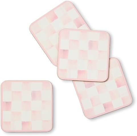 MACKENZIE-CHILDS Square Coasters Set, Black-and-White Courtly Check | Hand-painted design, made from MDF with a cork back, table coasters for drinks, 4" square, set of 4