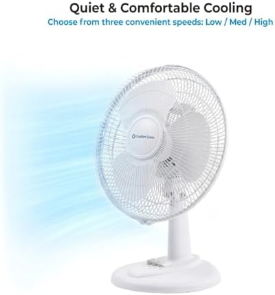 Comfort Zone Oscillating Table Fan with Adjustable Tilt, Convenient Push Button Controls, Quiet, 16 inch, 3 Speed, Desk Fan, Airflow 15.75 ft/sec, Ideal for Home, Bedroom, Dorm & Office, CZ161WT