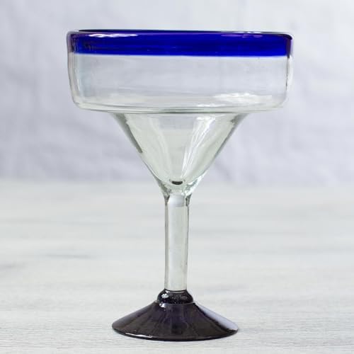 NOVICA - 284619 NOVICA Clear Blue Rim Glass Eco-Friendly Margarita Glasses, 13 Ounces, 'Cobalt Contrasts' (Set Of 6)