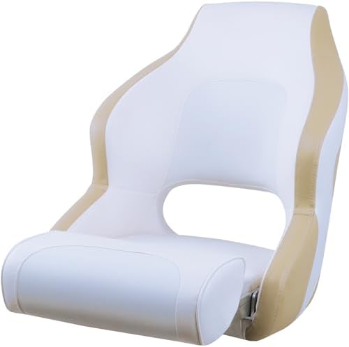 Seamander Boat Captains Chair,Captain Bucket Seat with Flip Up Bolster,Integral Rotomolded Frame, Premium EPDM Foam Material, Marine Grade Vinyl (A-White/Charcoal)