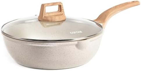 CAROTE 12 Inch Nonstick Deep Frying Pan with Lid, 5.5 Qt Black Granite | Kitchen Non-Toxic PFOA Free Cookware, Covered Sauté Pans All Stovetops Compatible, Easy to Clean