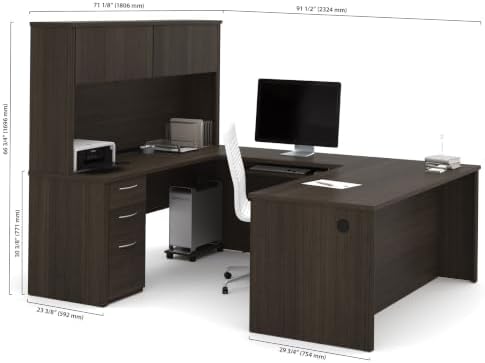Bestar Embassy 72W U-Shaped Executive Desk with Pedestal and Hutch in Dark Chocolate | With Pedestal and Hutch, with Narrow Desk Shell, Desk Shell