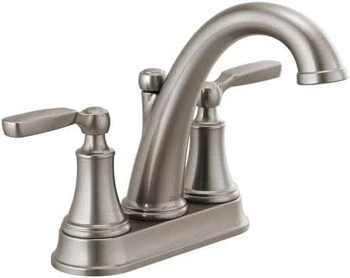 Delta Woodhurst Centerset Brushed Nickel Bathroom Faucet, 4 Inch 3 Hole Bathroom Sink Faucet for Vanity, Metal Push-Pop Drain Assembly