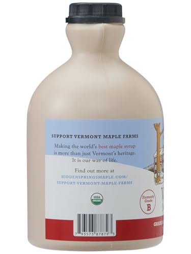 Hidden Springs Maple Organic Vermont Maple Syrup, Grade A Dark Robust (Formerly Grade B), 32 Ounce, 1 Quart, Family Farms, BPA-free Jug