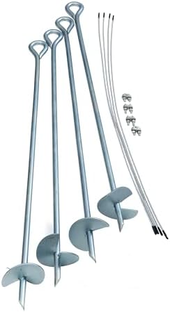 ShelterLogic ShelterAuger 4-Piece 30-Inch Reusable Heavy Duty Steel Earth Auger Anchor Kit with 4 Clamp-on Wire Tie-Downs for Anchoring Shelters, Canopies, and Instant Garages, Silver