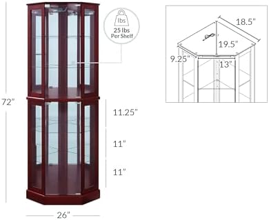 BELLEZE Lighted Corner Display Curio Cabinet Wooden Curved Shelving Unit with Tempered Glass Door