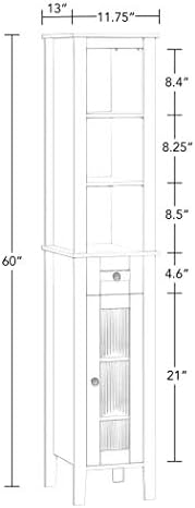 RiverRidge Prescott Tall Slim Bathroom Linen Storage Cabinet, White | Versatile Narrow Organizer with Reeded Glass Door, Open Display