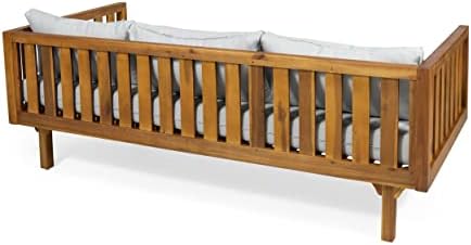 Christopher Knight Home Tina Outdoor 3 Seater Acacia Wood Daybed, Teak Finish, Light Grey